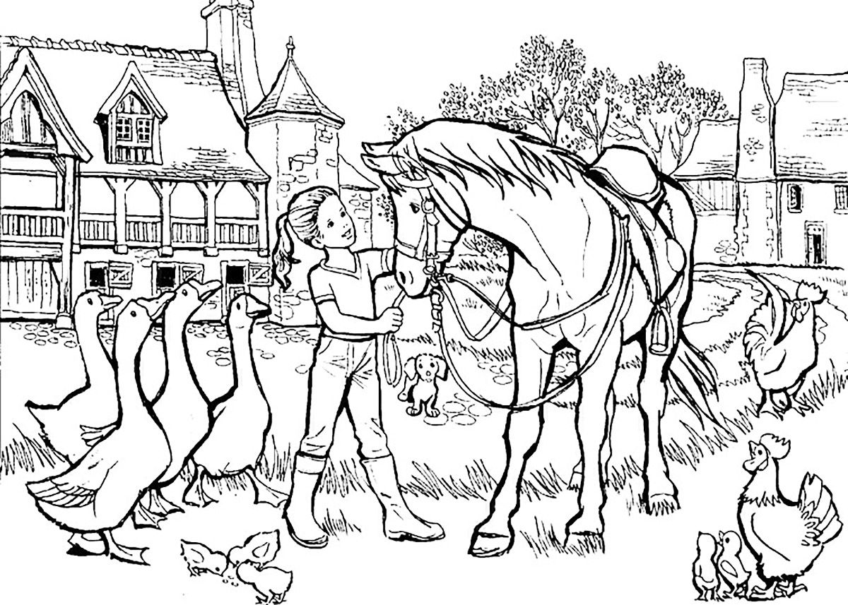 1200x857 Coloring Girl With Horse And Other Animals Lot Of Details,