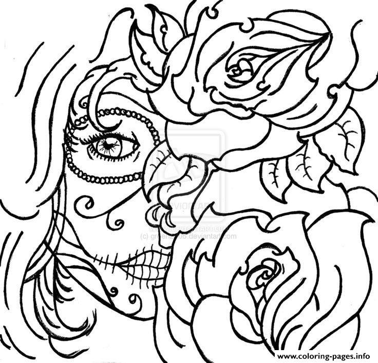 736x705 Cool Color Pages Cool Coloring Sheets Sugar Skull Woamn Flowers