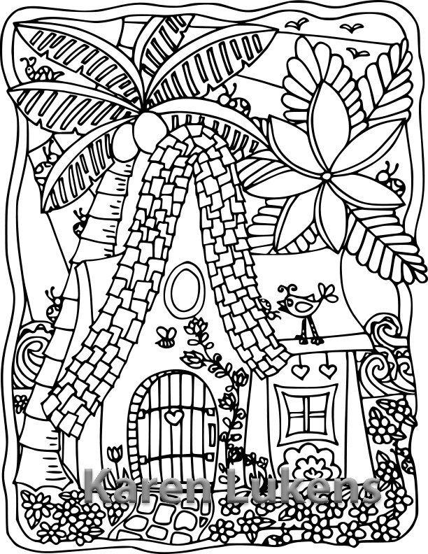 612x792 Happy Island Cottage, 1 Adult Coloring Book Page, Printable