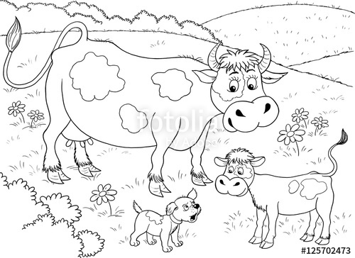 500x364 At The Farm. Cute Mother Cow, Her Calf And A Puppy. Illustration