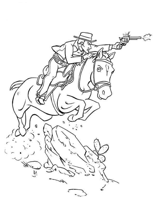 600x776 Cowboy Shooting Bad Guy While Riding Horse Coloring Page