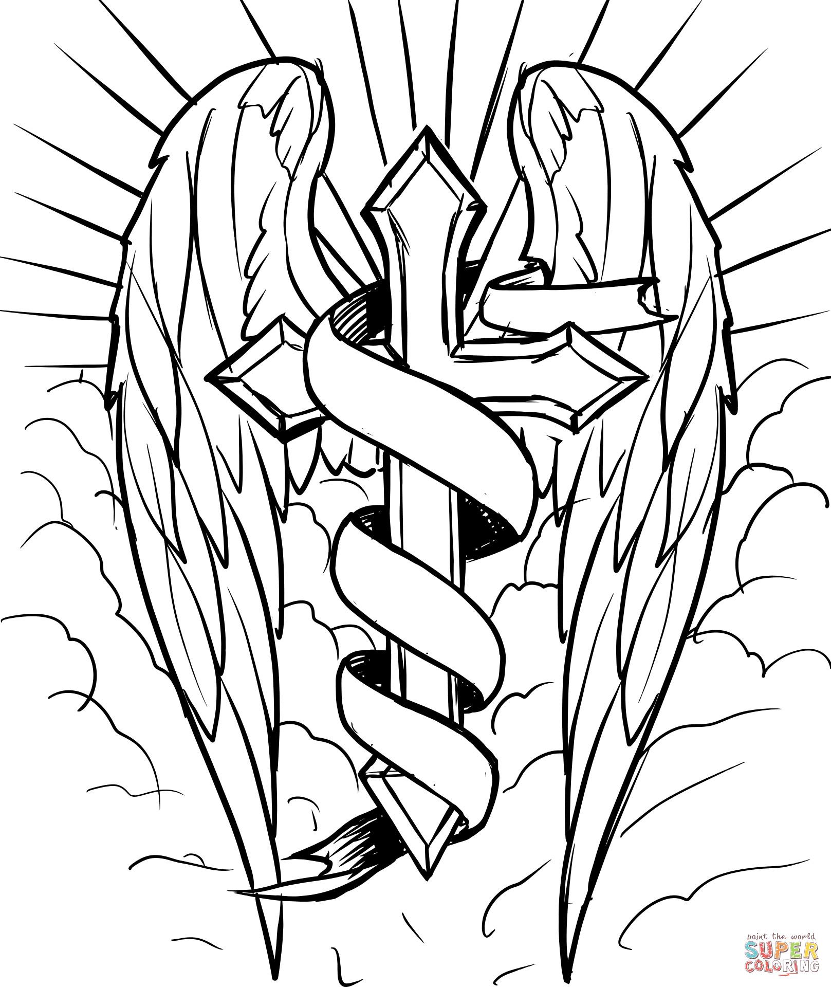 1617x1920 Spotlight Cross Coloring Sheets With Wings In The Clouds Page Free