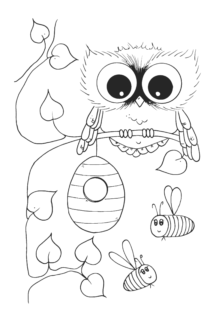 700x1030 Cute Owl With Bees Coloring Pages