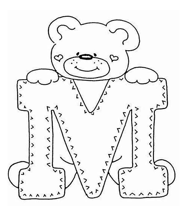 600x692 Letter M With Cute Teddy Bear Coloring Page