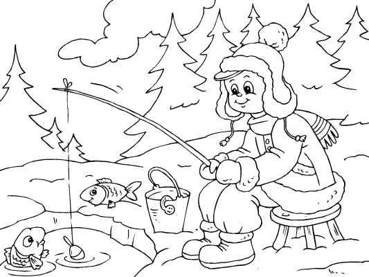 533x400 All Bundled Up For Some Ice Fishing! A Cute Winter Coloring Page