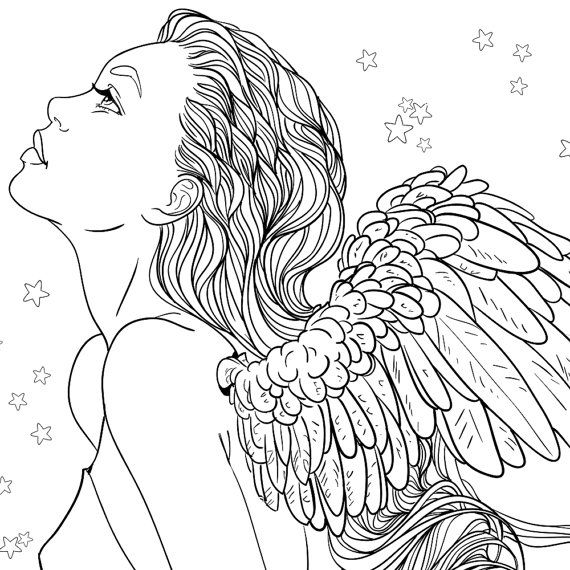 570x570 Adult Coloring Page Fantasy Girl Angel Line Art Colorear