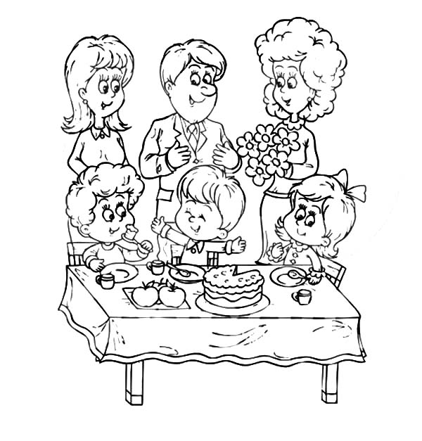 600x627 A Joint Family Celebrating Around A Table Coloring Pages Batch