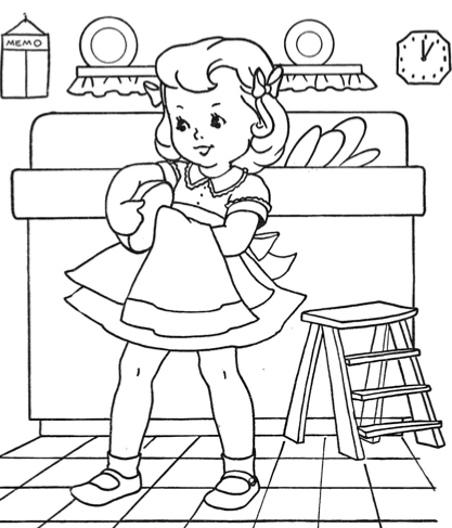 417x487 Vintage Coloring Book Pages Washing Dishes, Vintage Coloring
