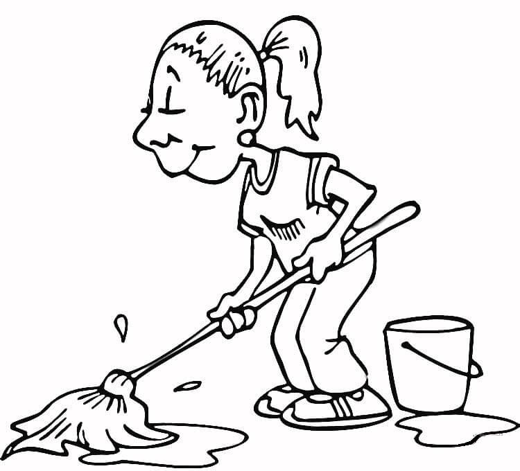 750x680 Washing The Floor Housekeeping Coloring Page