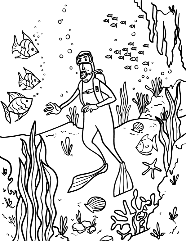600x776 Printable Scuba Diver Coloring Page