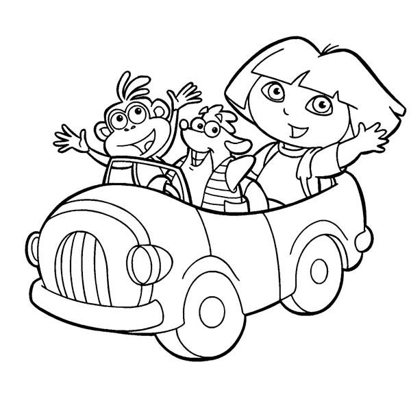 600x579 Dora Boots And Swiper Ride A Car In Dora The Explorer Coloring