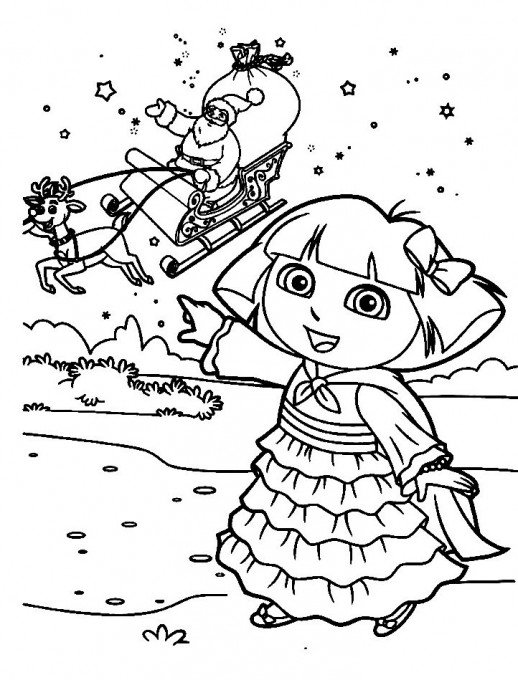 518x680 Dora Feels Happy To Meet Santa Claus At Christmas Night Coloring