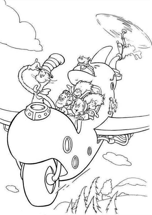 600x850 Dr Seuss The Cat In The Hat Flying With Wierd Airplane Coloring