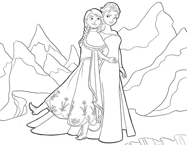 600x464 Anna And Elsa Standing Side By Side Coloring Page
