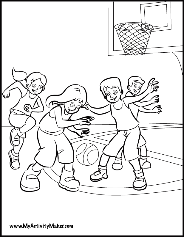 617x797 Kids Playing Basketball Coloring Page