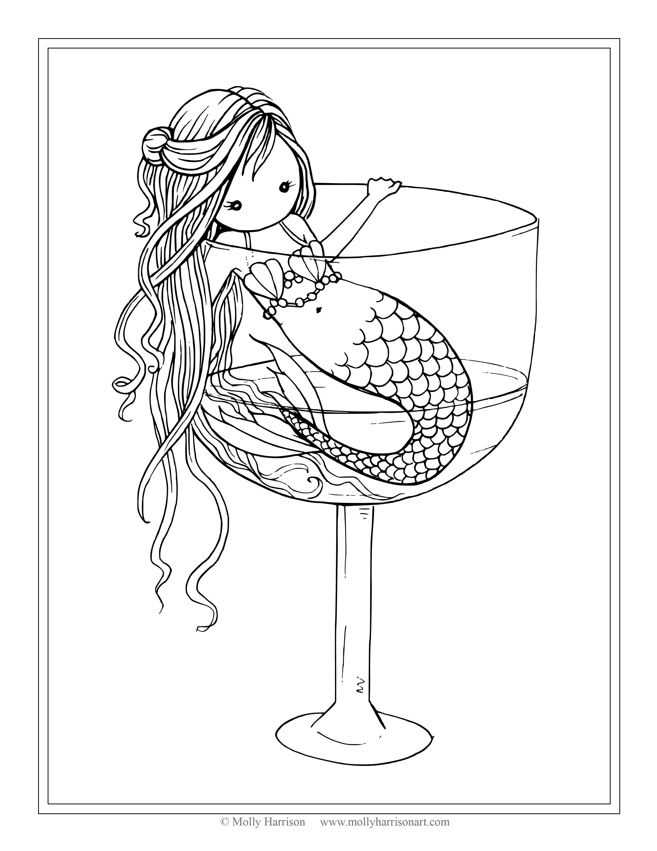 2550x3300 Free Mermaid Coloring Page Mermaid In Wine Glass By Molly Harrison