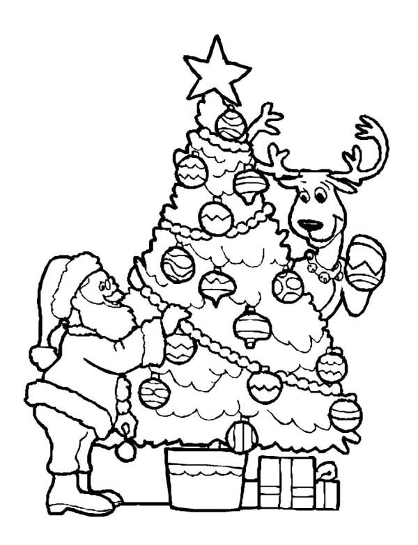 600x783 Santa Decorating Christmas Tree With The Reindeer Coloring Page