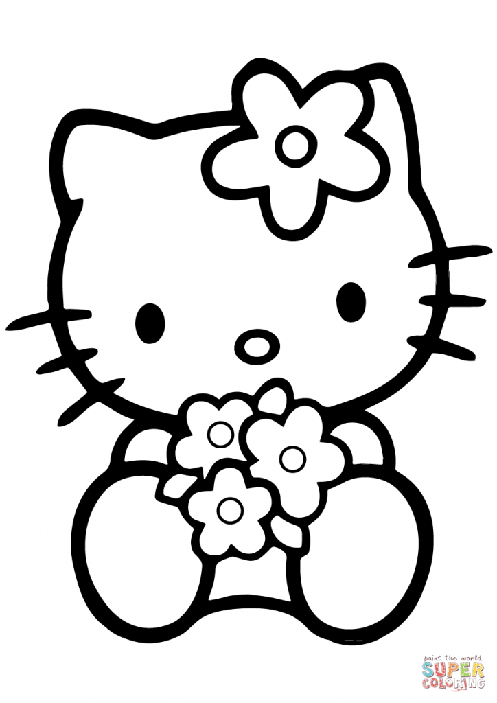 724x1024 Hello Kitty With Flowers Cartoon Coloring Page 1