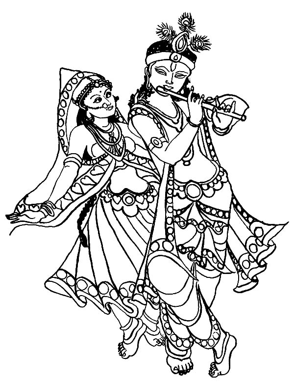 600x778 Krishna Play His Flute While Radha Is Dancing Coloring Pages