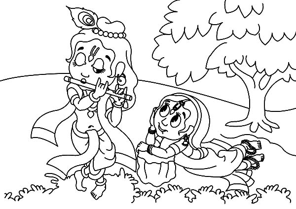 600x424 Radha Watching Krishna Play Her A Song With Flute Coloring Pages