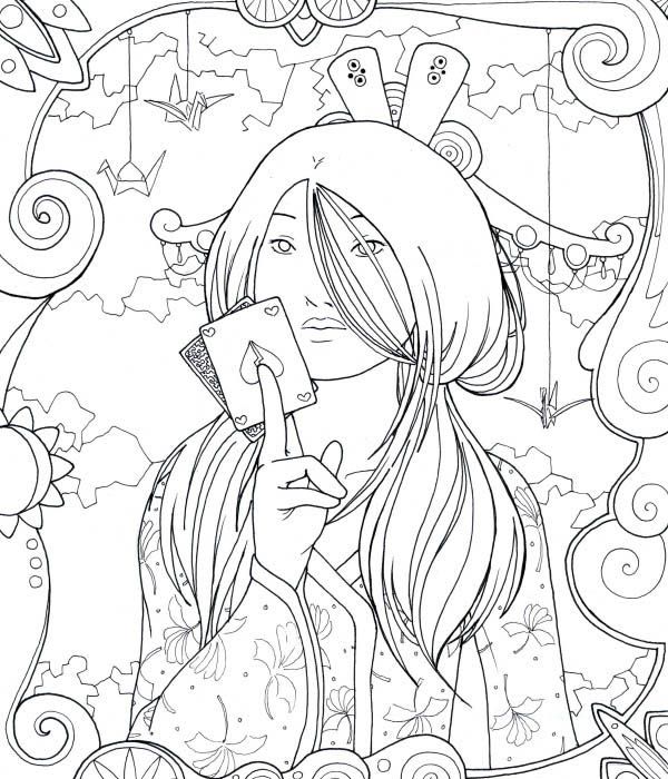 600x700 Geisha Fortune Teller. Adult Coloring Page. Icolor The Arts