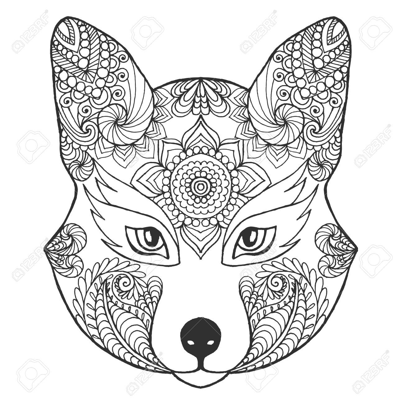 1300x1300 Fox Head. Black White Hand Drawn Doodle Animal. Ethnic Patterned