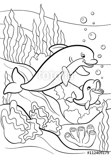 354x500 Coloring Pages. Marine Wild Animals. Mother Dolphin Swims