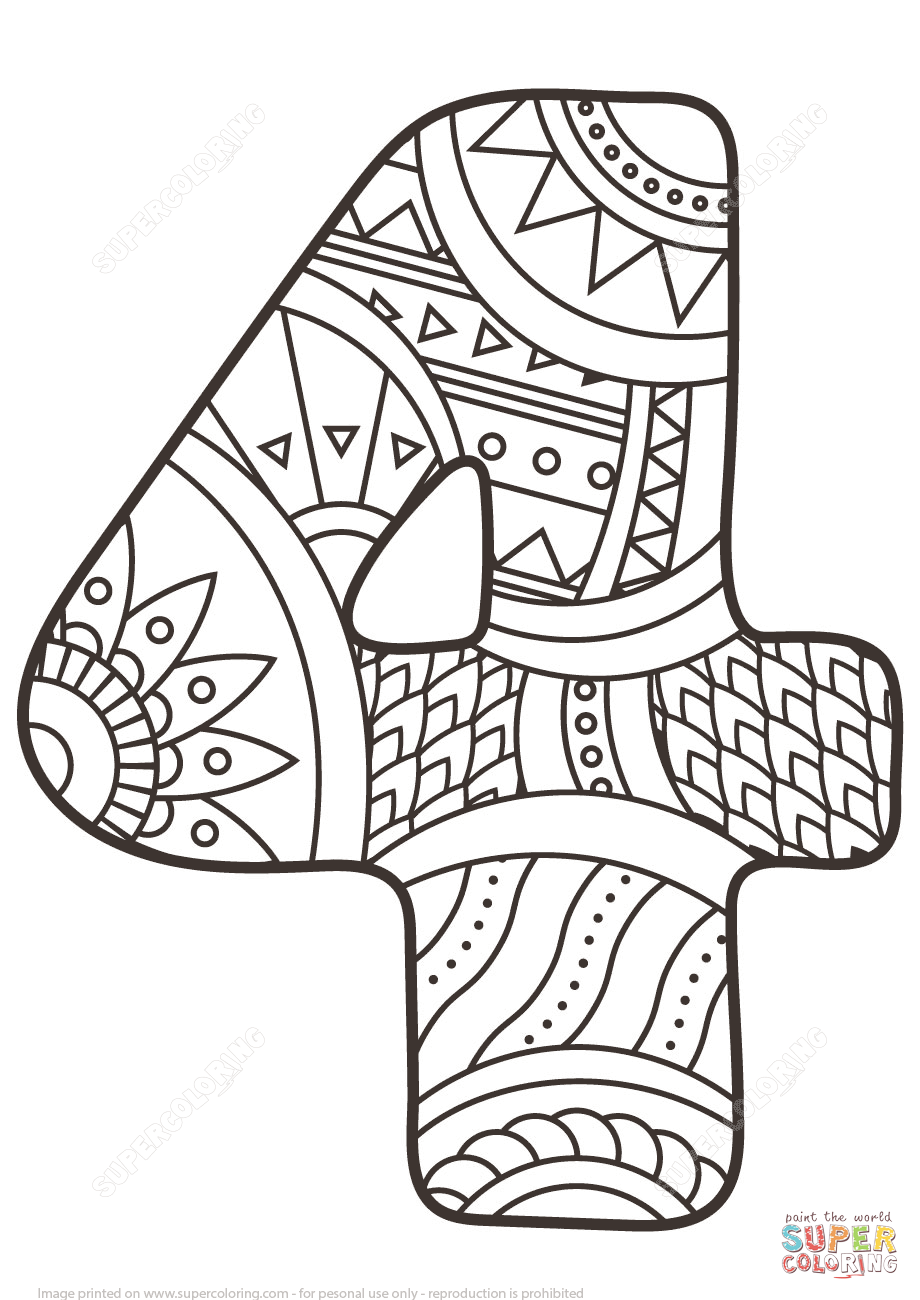 920x1300 Number 4 Zentangle Coloring Page Free Printable Pages Inside