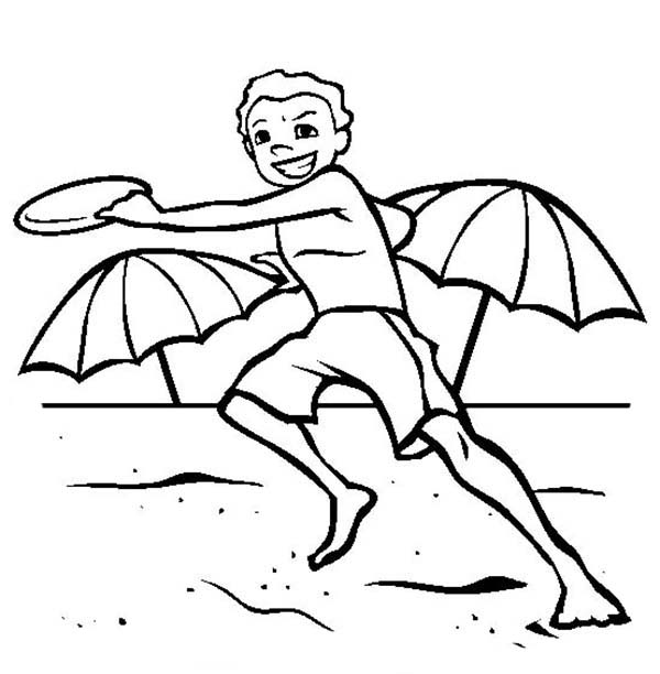 600x612 A Boy Playing With His Frisbee On The Beach Coloring Page