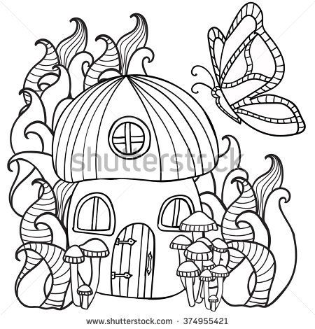 450x470 Coloring Pages Mushroom House With A Butterfly In The Forest