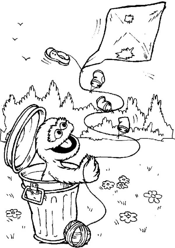 600x848 Oscar Playing Kite From Garbage Can In Sesame Street Coloring Page