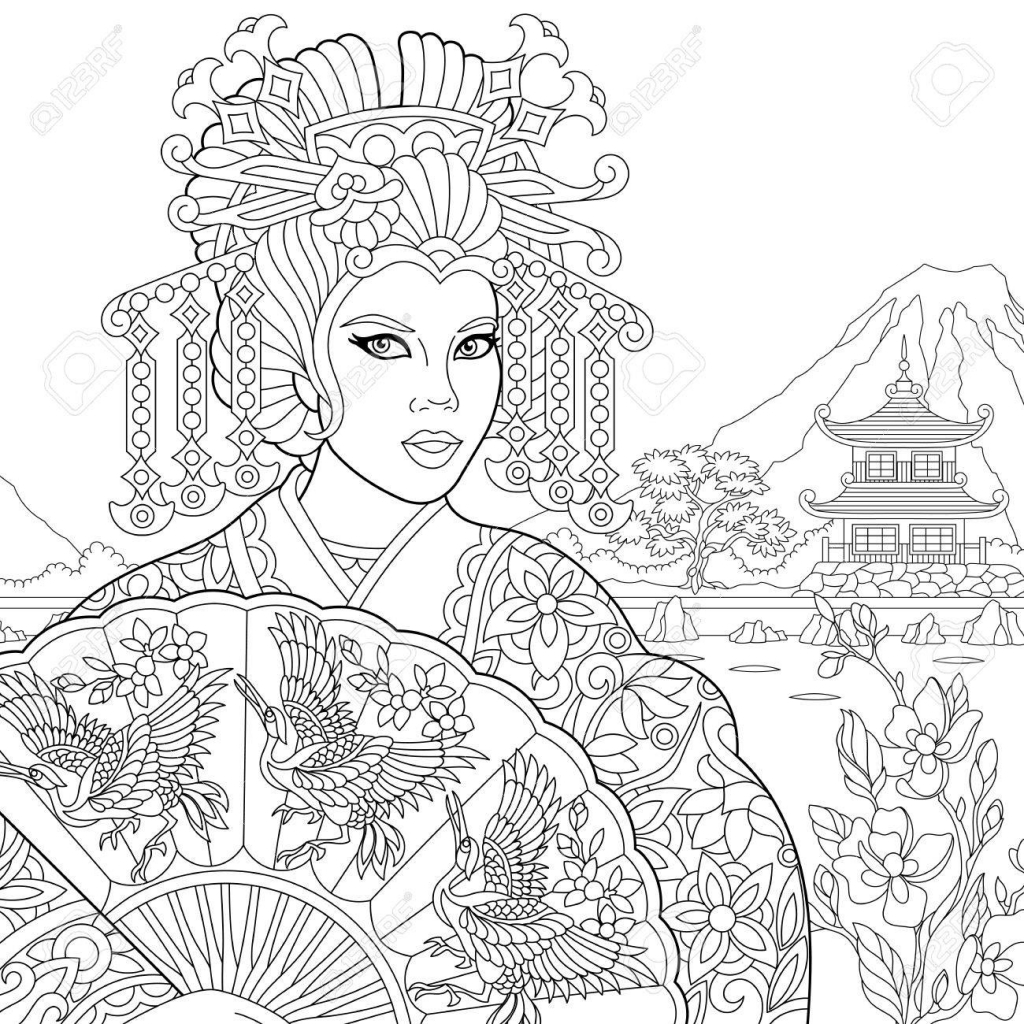 1024x1024 Coloring Page Of Geisha Japanese Dancing Actress Holding Paper