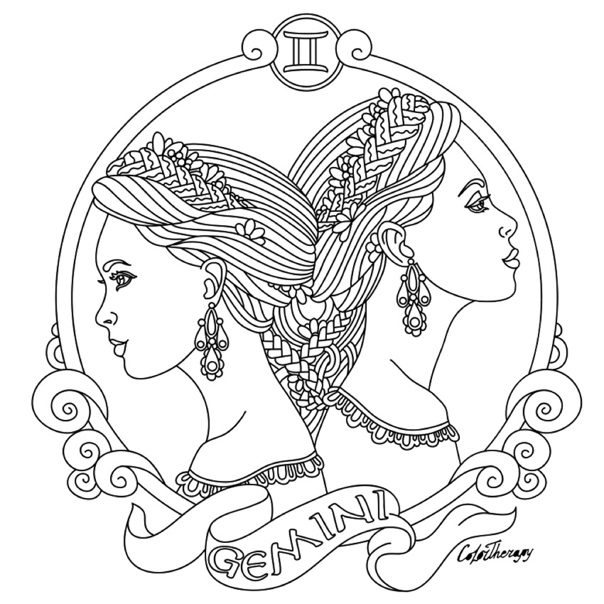 850x850 Gemini Coloring Pages Gemini Zodiac Beauty Colouring Page Adult