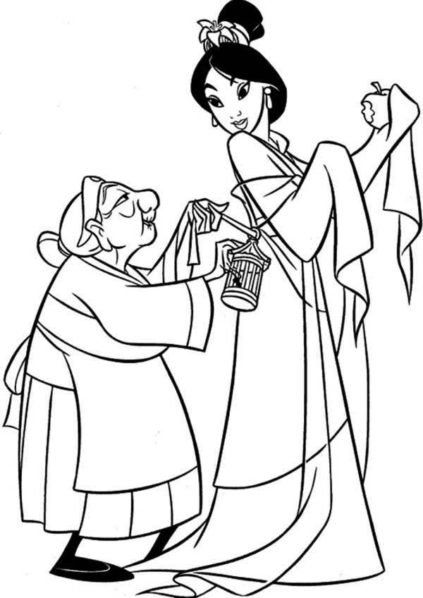 600x848 Grandmother Fa Helps Mulan Getting Dressed Coloring Page