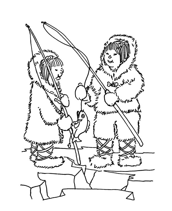 600x734 Two Eskimo Girl Fishing Fun Coloring Pages Two Eskimo Girl