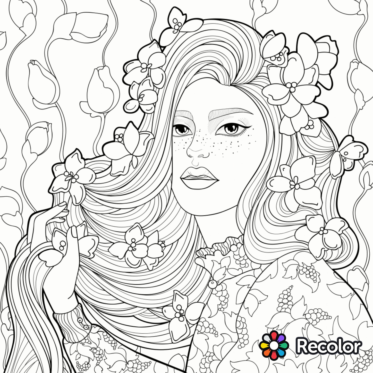 1536x1536 Girl With Flowers In Her Hair Coloring Page Beautiful Women Hair