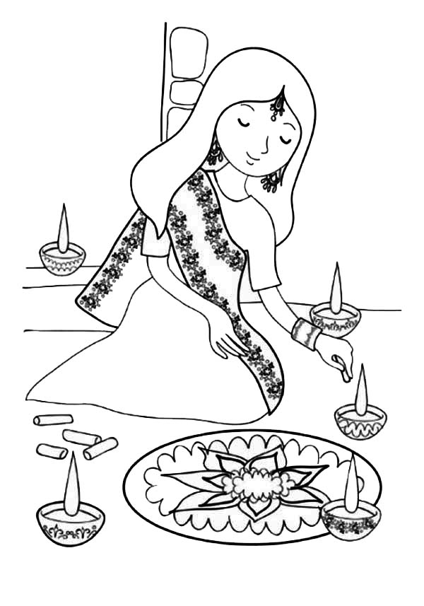 600x857 Indian Girl Decorating Rangoli Coloring Page Color Luna