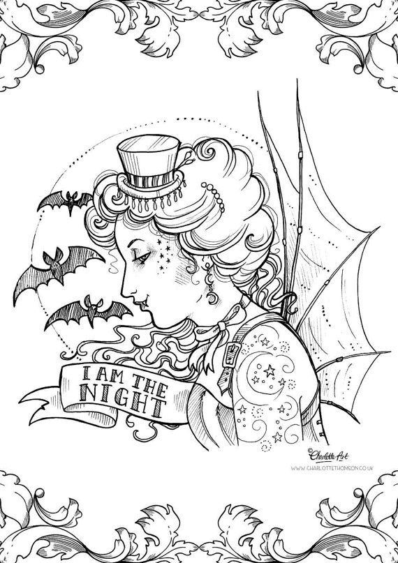 570x807 Adult Colouring Page. Steampunk Gothic Victorian Vampire Halloween