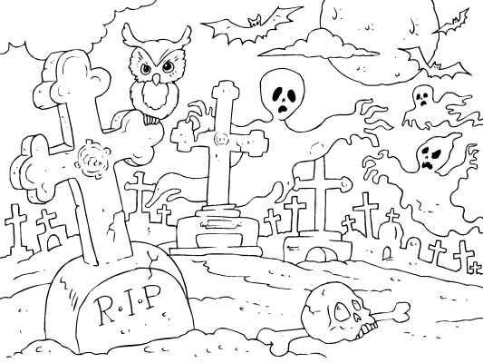 533x400 A Ghostly Graveyard Coloring Page. Spooky Fun For Halloween. Color