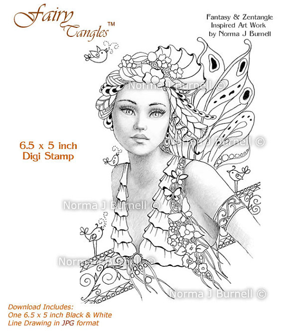 570x665 Song Of Spring Fairy Tangles Grayscale Printable Digi Stamp