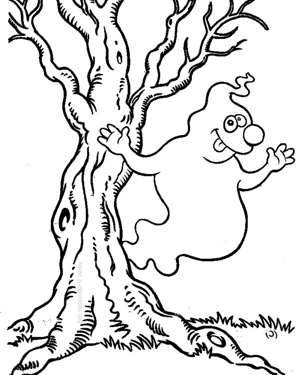 600x752 Hilarious White Ghost Beside The Tree On Halloween Day Coloring