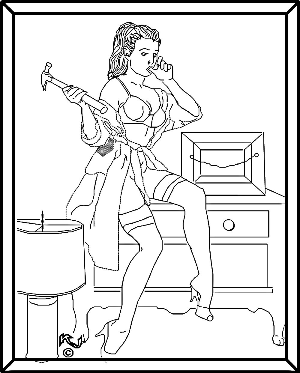 1000x1244 Pin Up Girl With Hammer Adult Coloring Page