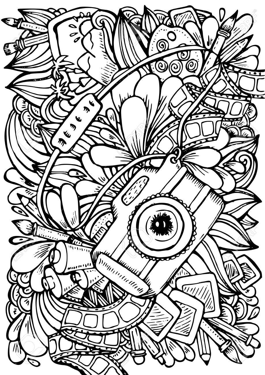 919x1300 Camera Coloring Pages Hand Drawn Pattern Anti Stress Book Page