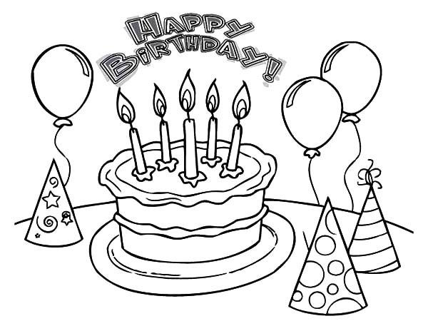 600x464 Balloons And Pointed Hat With Birthday Cake Coloring Pages Best