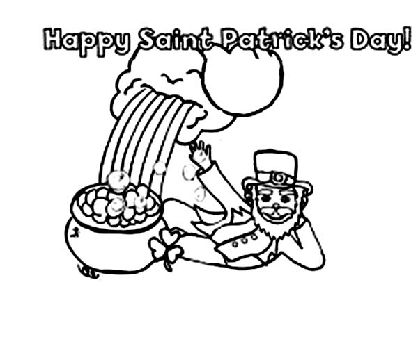 600x485 Leprechaun And Pot Of Gold Say Happy St Patricks Day Coloring Page