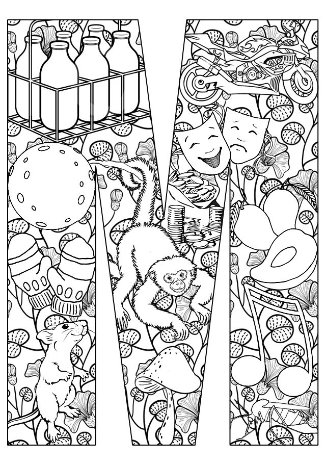 640x912 Hard Coloring Pages For Adults Letter M Printable