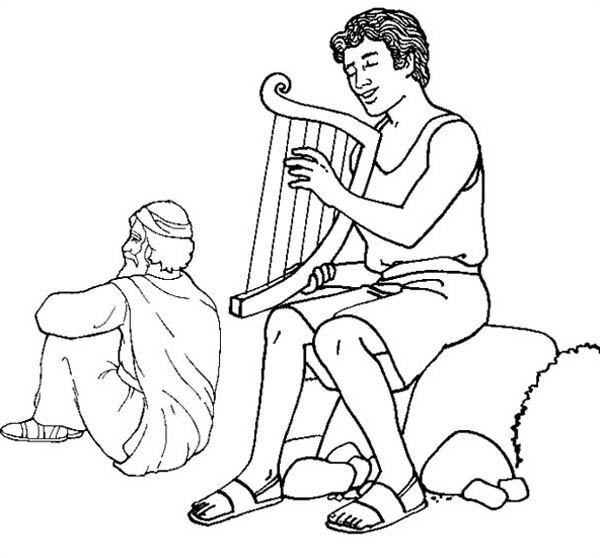 600x558 David Play Harp In The Story Of King Saul Coloring Page