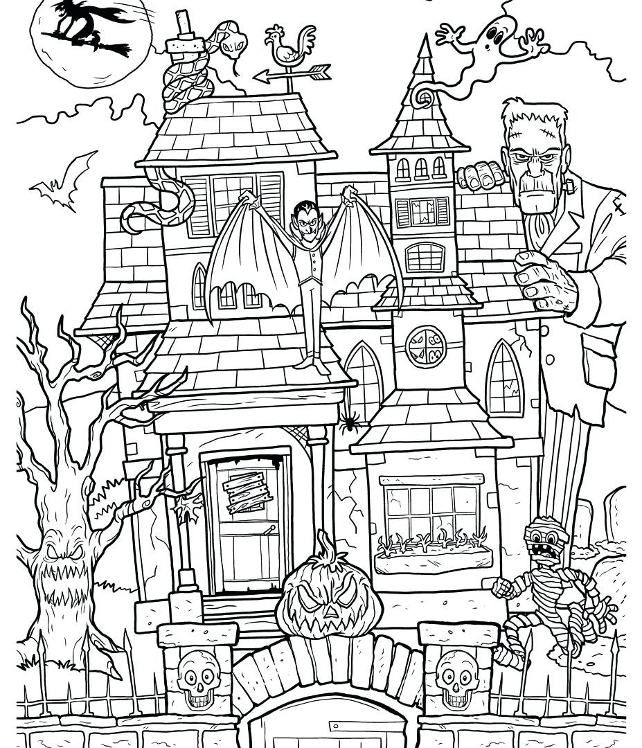 927x1080 Informative Haunted House Coloring Page Printa