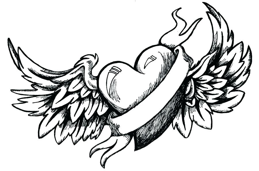 900x593 Coloring Pages Heart Hearts With Wings And Banner Printable