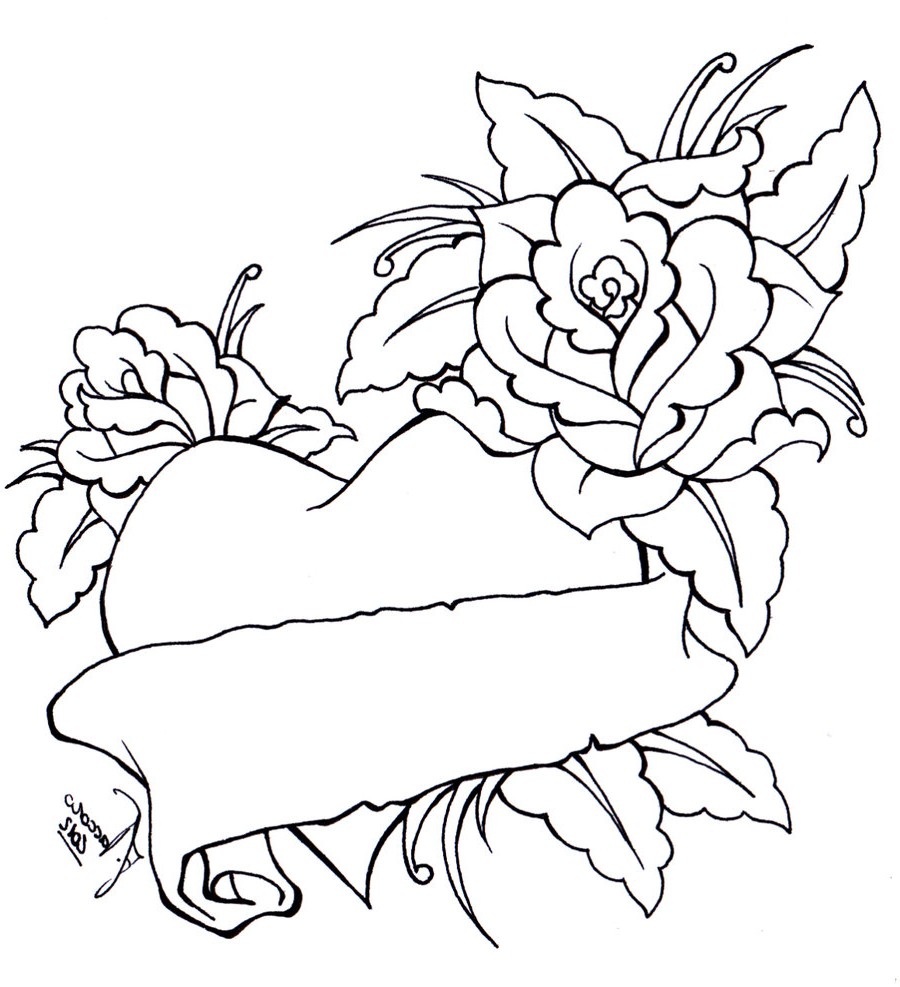 900x987 Skill Heart With Flowers Coloring Pages Roses And Hearts 1 16317